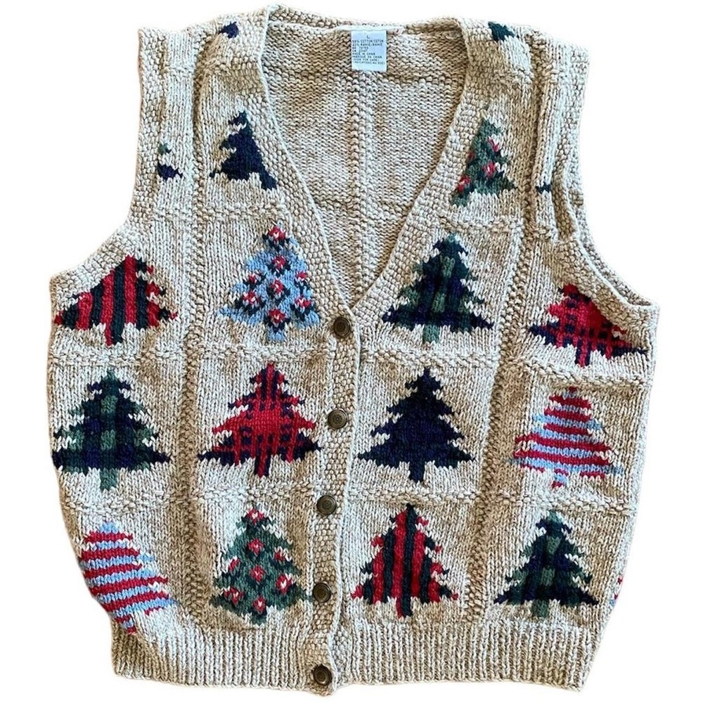 Vintage 90s Talbots Christmas Pine Tree Sweater Vest Grannycore Teacher Size L